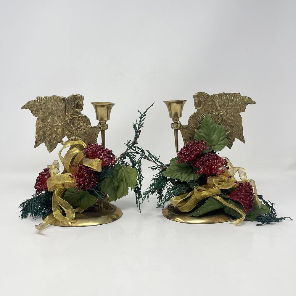 VTG Brass Angel Pair Christmas Candlesticks Winged Gold Red Green Floral‎ 90s